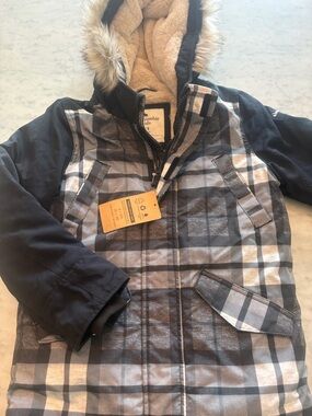 abercrombie kids Navy & Gray Plaid Hooded Puffer Jacket